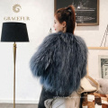 Delicate texture leather and raccoon fur coat